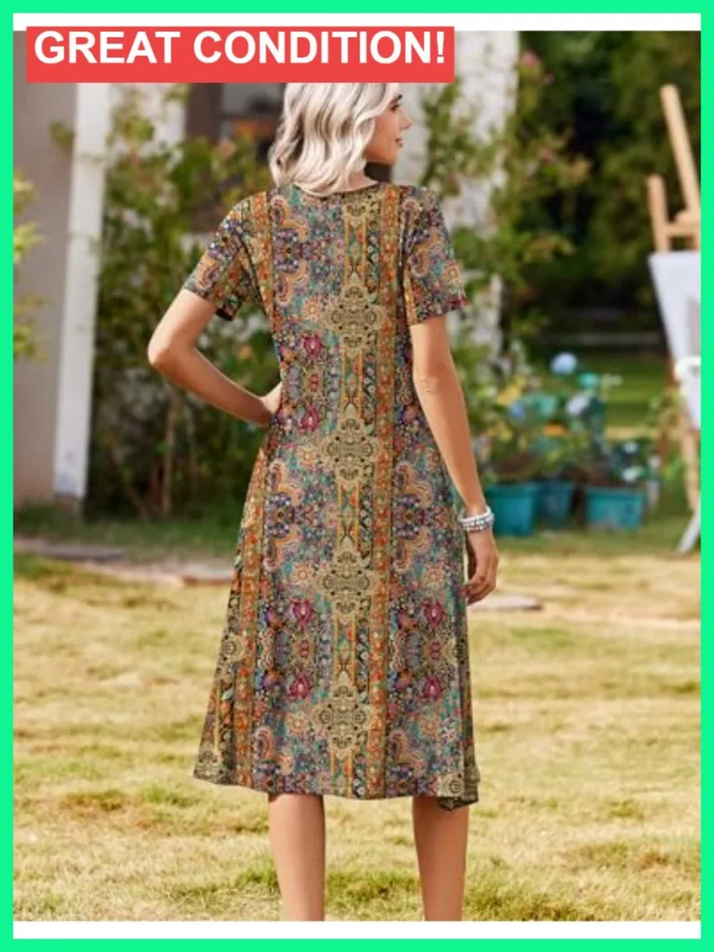 Casual Short Sleeve Pleated Midi Dress with Pockets Flowy Beach Sundress - Picture 5 of 6